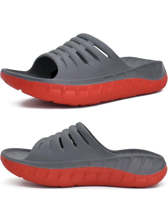 Mens Grey Red Recovery Orthotic Arch Support Open Toe Sport Slides Slipper Shoes